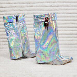 What A Vision Silver Hologram Wedge Heel Fold Over Skirted Ankle Boots